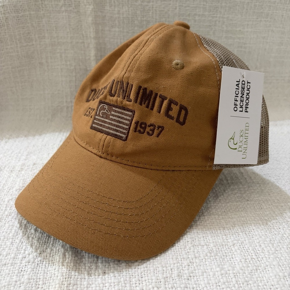 Ducks Unlimited Canvas Snapback‎ Trucker Hat Heritage Khaki American Flag NEW